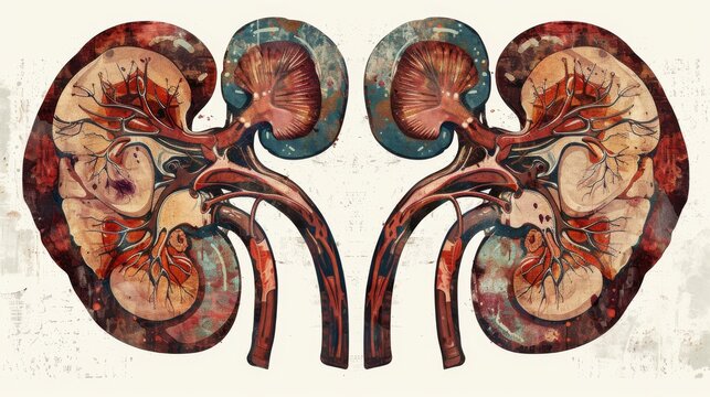 Rustic depiction of the kidneys in a vintage aesthetic.academy,Full color, aesthetic,isolated on white background, illustration