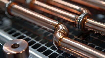 Naklejka premium Aluminum radiator with copper heat pipes close up isolated Clean copper tubing prepared for efficient heat transfer