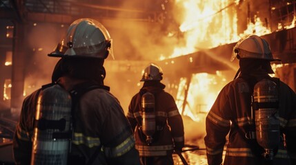 A group of firefighters helped stop the fire. Fire in the Industrial Factory . Rescue ,Teamwork concept