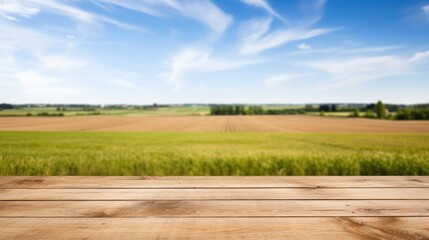 A wooden brown table top with blur background of farmland and blue .