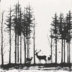 "Silhouetted Deer and Forest Scene"
