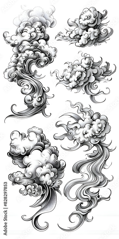 Aufkleber a series of white clouds with a black outline. the clouds are scattered throughout the image, with s