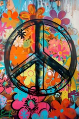 A peace sign painted in vibrant colors on the side of a building, standing out against the urban backdrop