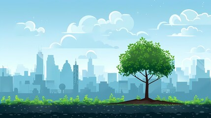 Picture a flat design of a tree planted in a city park