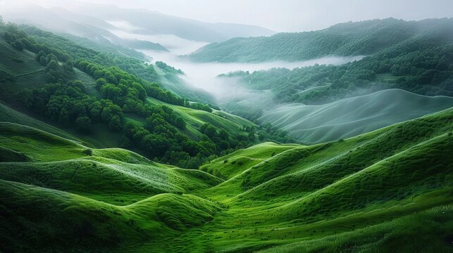 A stunning view of green mountains with peaks covered in lush vegetation, with fluffy white clouds drifting overhead.