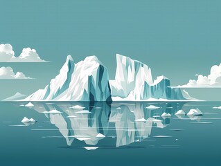See a flat design of a glacier breaking apart into the sea