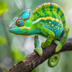 "Vivid Chameleon Displaying its Colorful Pattern on a Tropical Branch"