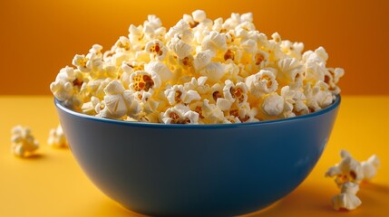A blue bowl filled with popcorn sitting on top of a yellow table