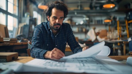 Obraz premium Amidst the hustle and bustle of the workspace, a male architect dons reflective attire as he carefully examines a blueprint, oblivious to the chatter of his coworkers nearby