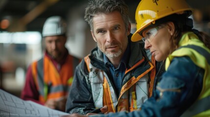 Obraz premium Amidst the hustle and bustle of the workspace, a male architect dons reflective attire as he carefully examines a blueprint, oblivious to the chatter of his coworkers nearby