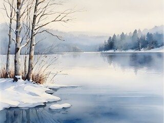 Winter Lake Watercolor Landscape Art