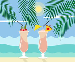 Holidays at sea. Tropical cocktail Pina Colada. Vector illustration.