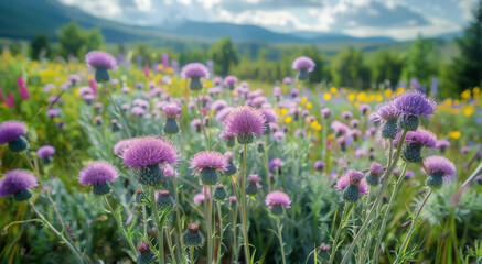 Naklejka premium Stunning scenes of thistle blooming, Expansive natural garden brimming with diverse range of thistle in full bloom, conditions, tranquil and rejuvenating atmosphere. Generative AI.