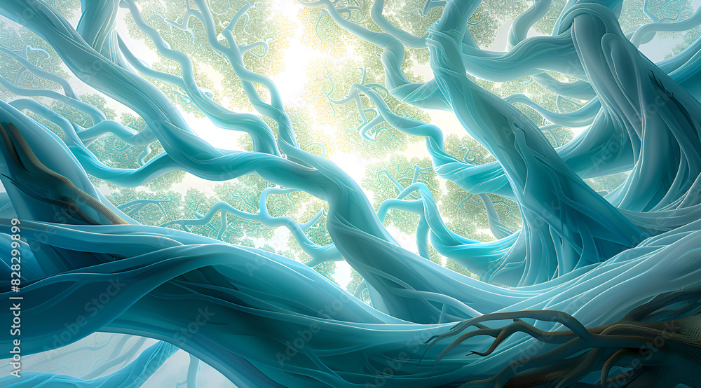 Aufkleber a tree with blue branches and green leaves. the tree is very large and has many branches. the branch