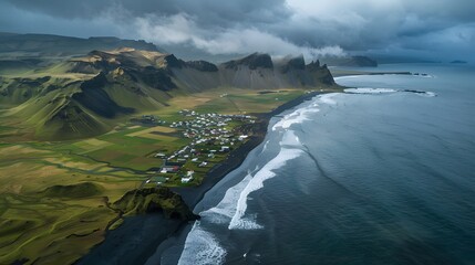 Aerial panorama over coastal village nestled between mountains Vik Iceland

