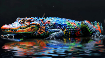 Crocodile, black background, colorful graffiti with inscription on his body. Generative AI.