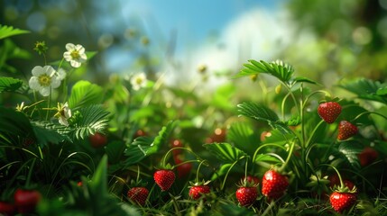 Wild strawberries in the orchard with a backdrop of nature