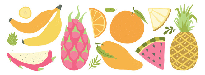 Colorful tropical fruits illustration with banana, pineapple, mango, dragonfruit, orange, and watermelon.