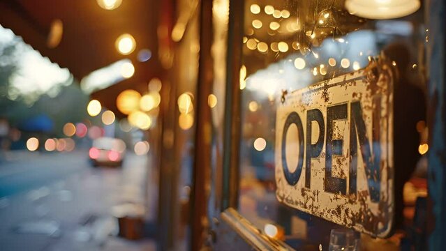Sign OPEN on a restaurant shop , Open sign board on glass door in modern cafe coffee , food and drink concept