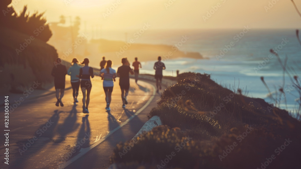 Wall mural A group of people are running on a road near the ocean