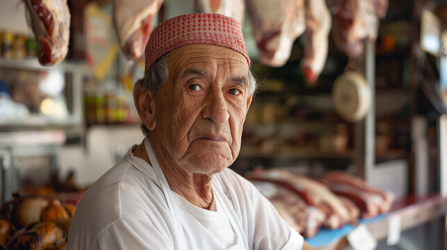 Elderly Butcher In Red Hat Posing In Traditional Meat Market, Close-Up