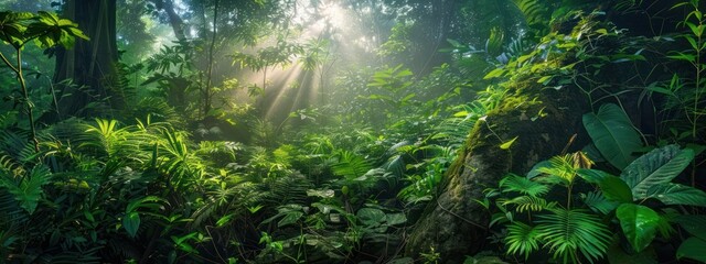 Deep tropical jungles, lush green foliage thrives under the warm sun. © DreamPointArt