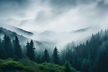 Mountain landscape with coniferous forest on a foggy day.