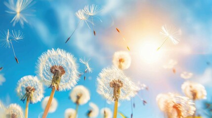 Obraz premium Delicate dandelion seeds dancing in the breeze against a bright spring sky