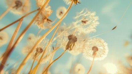 Obraz premium Delicate dandelion seeds dancing in the breeze against a bright spring sky