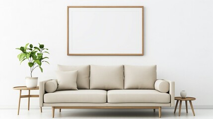 Frame mockup, modern living room interior with beige sofa, wall poster frame, 3D render