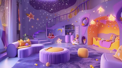 A baby room featuring an interactive wall with toys, golden lights framing the artwork, and a soft, colorful rug.
