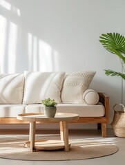 Modern living room interior with white empty wall background and beige sofa