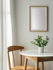 Frame mockup, modern home interior with tea table and chairs, wall poster frame, 3D render