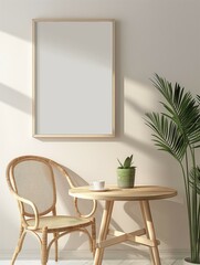 Frame mockup, modern home interior with tea table and chairs, wall poster frame, 3D render