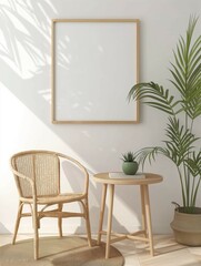 Frame mockup, modern home interior with tea table and chairs, wall poster frame, 3D render