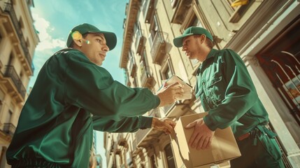 The delivery men exchange package