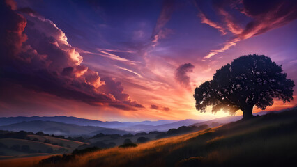 Landscape background with sunset clouds, mountains and river