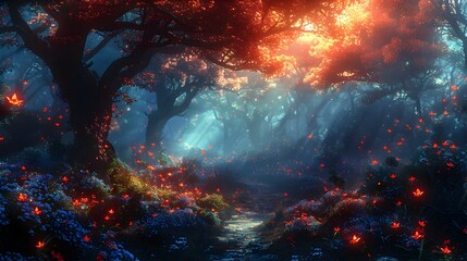 Obraz premium Enchanting Autumnal Forest Path Glowing in Ethereal Moonlight and Mystical Atmosphere