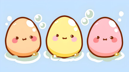 Three cartoon eggs are sitting in a bathtub. They are smiling and looking at the camera. The bathtub is blue and the eggs are yellow and pink