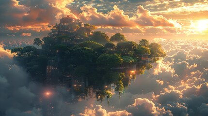 Enchanting Floating Island Landscape at Dramatic Sunset with Mystical Reflections