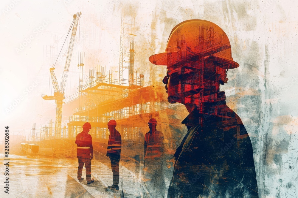 Poster building construction engineering with double exposure graphic design, construction workers with civ