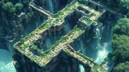 Magnificent Waterfall Cascading through Lush,Verdant Mountains in a Dreamlike,Enchanting Landscape