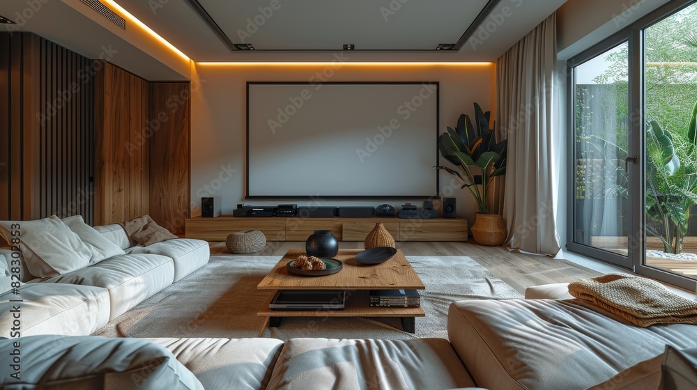 Poster a pure perspective image of the living room with the large screen projection in the center and the b