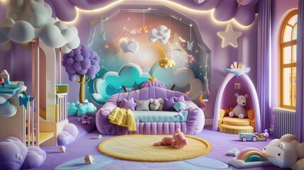 An adventurous baby room with a tent filled with toys, golden lights hanging from the ceiling, and a playful rug.