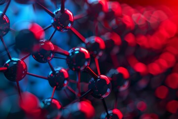Abstract close-up of a molecular structure with red and blue lights, representing scientific research, chemistry, and nanotechnology.