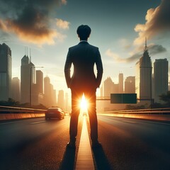 Rear view of a businessman standing on the highway road in sunset time.