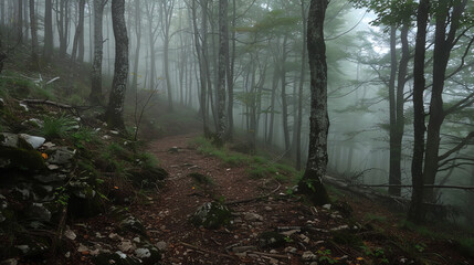 A foggy forest path. The trees are tall and the branches are thick. The path is covered in leaves and there is a large rock to the left of the path.

