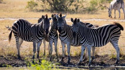 Obraz premium a herd of zebras in golden light