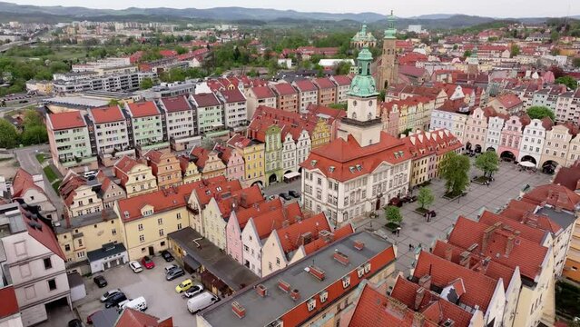 Aerial drone view of the historic market square in Jelenia Gora, Lower Silesia