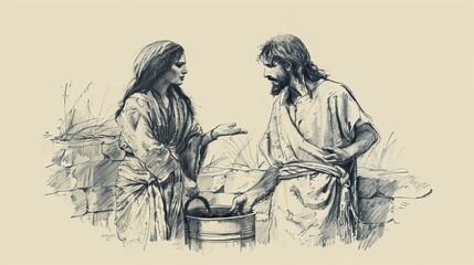 Biblical Illustration of Jesus with Woman at Well, Living Water, Beige Background, Copyspace